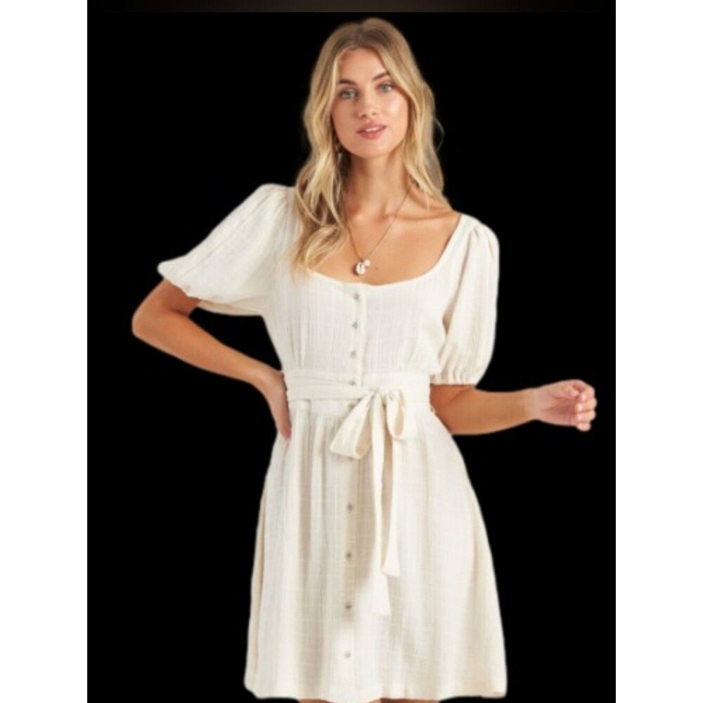 Billabong Sundown Mini Dress Linen Blend Ivory Cream Puff Sleeve Summer Large